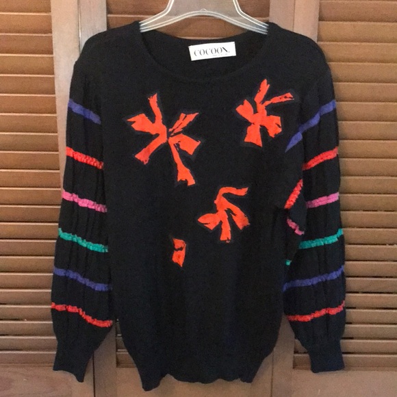 ^ EUC Austrian Vintage (80’s) Black Striped Sleeve Sweater Red Leaves On F… - Picture 1 of 4
